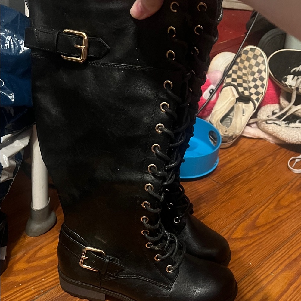 Forever 21 Black Lace-Up Boots with Buckle